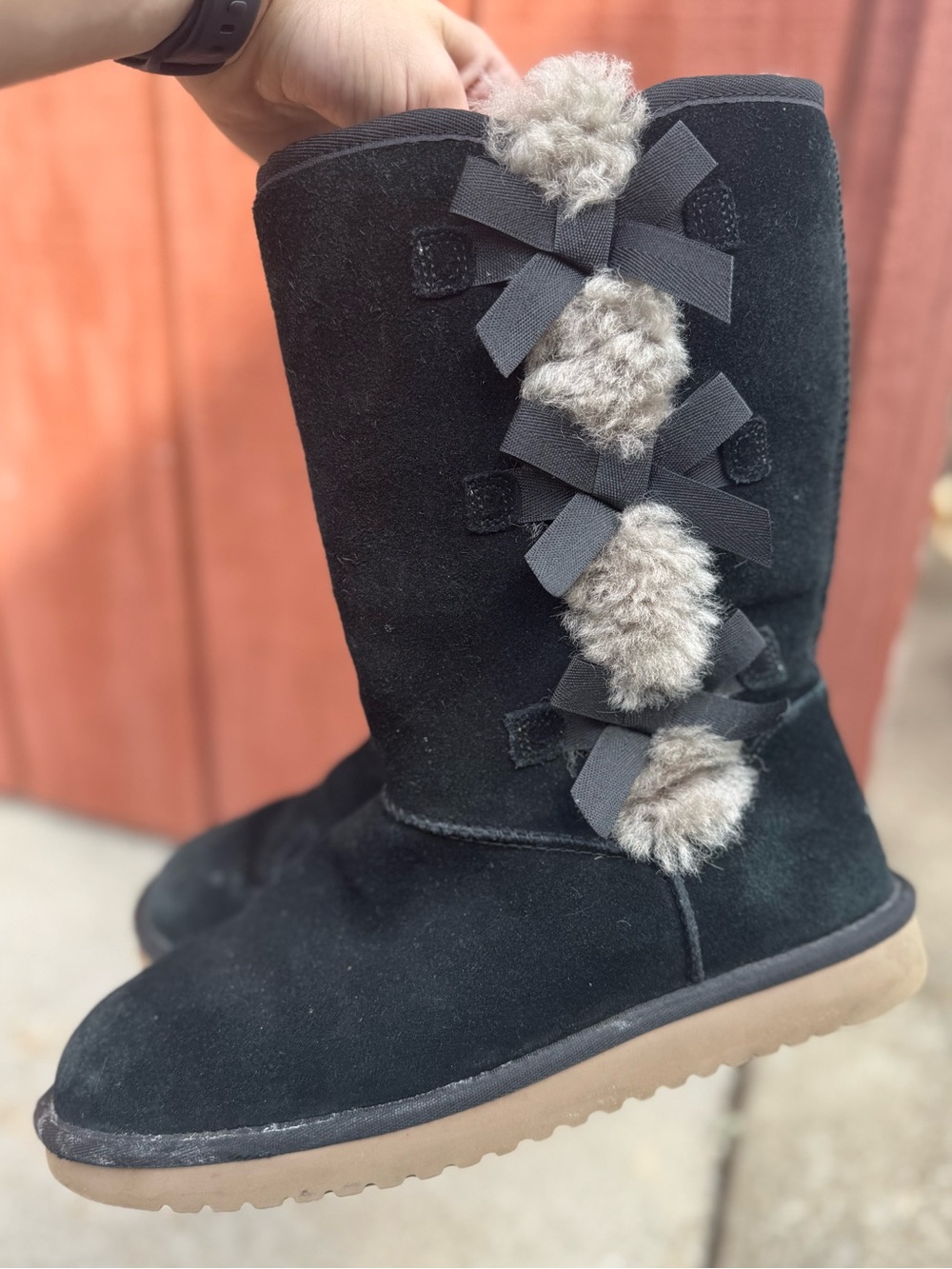 Koolaburra by UGG Victoria Tall Black Suede Faux Fur Bow Boots - Women's 9